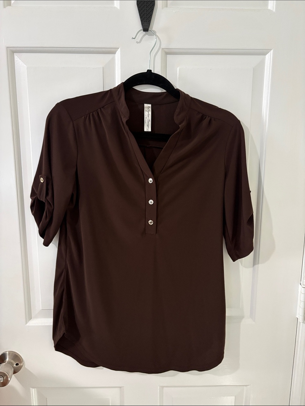 PerSeption Concept Chocolate Brown Button V-Neck Roll-Tab Blouse
